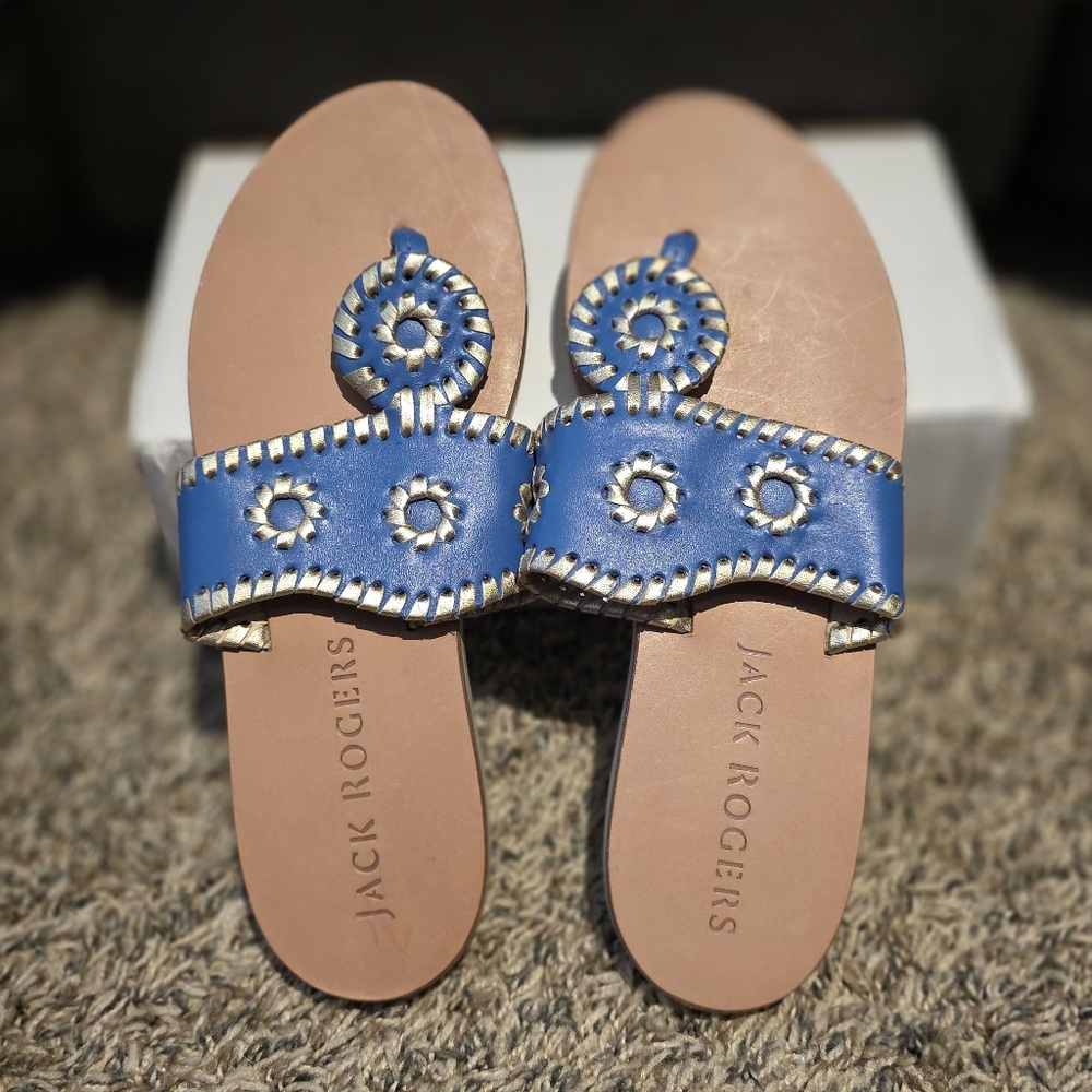 Jack Rogers Womens Blue Leather Flat Thong Sandals Size 5M Made In Brazil